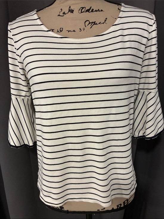 Market & Spruce Tops - Market & Spruce White Tee with Black Stripes and Ruffle Sleeves
